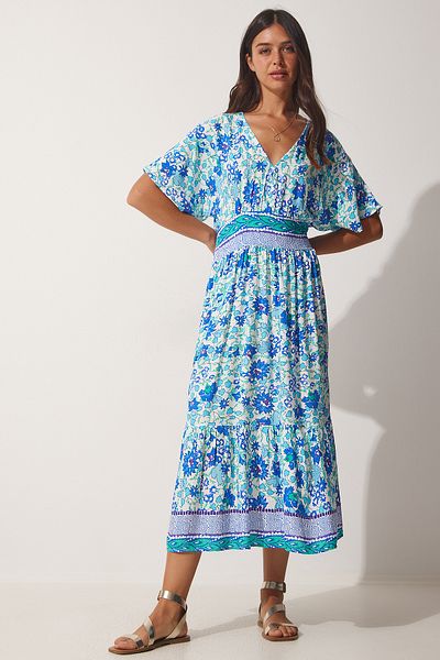 Lovelyİstanbul Rochie de vară din viscoză florală cu decolteu în V ALBASTRU LHF0009