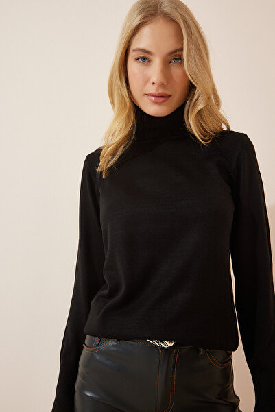 Lovelyİstanbul Balıkçı Yaka Hafif Balon Kollu Triko Kazak Siyah Ldd0034