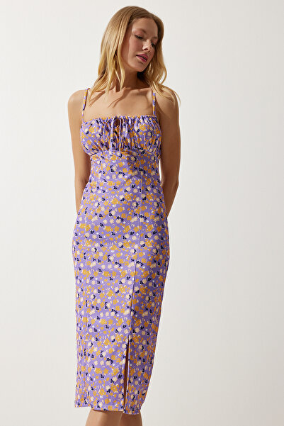 Lovelyİstanbul Καλοκαιρινό πλεκτό φόρεμα με φλοράλ στάμπα LILA ORANJ LCI0003