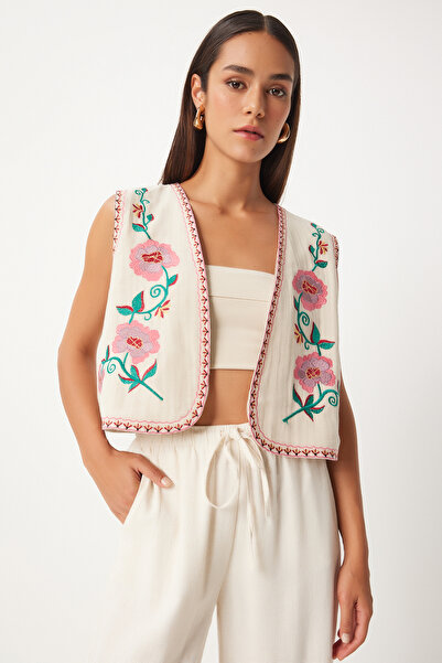 Lovelyİstanbul Ροζ Κρεμ Λινό Γιλέκο - Λεπτομέρεια Κεντήματος, Les0003