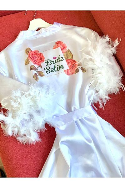 bridebyvictoria (We Write Your Name) Feather Sleeves Peony Print Bridal Dressing Gown and Sash - to Be Bride