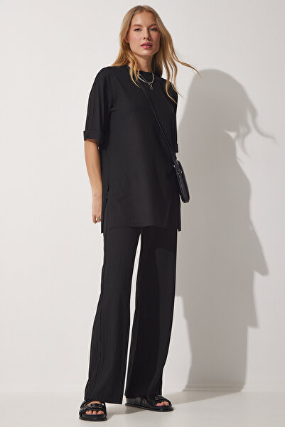 Lovelyİstanbul Εύκαμπτο πλεκτό με ραβδώσεις - Μαύρο κάτω και επάνω σετ Lkh0003