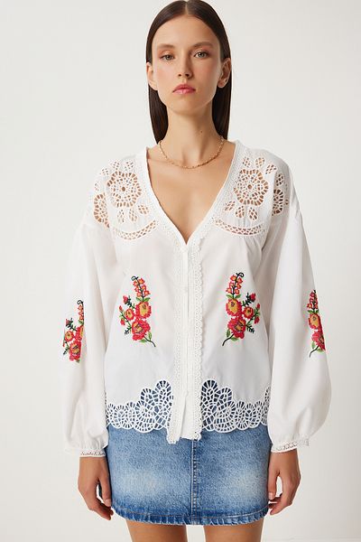 Lovelyİstanbul Ecru Woven Shirt - Openwork Embroidery, Lqs0007