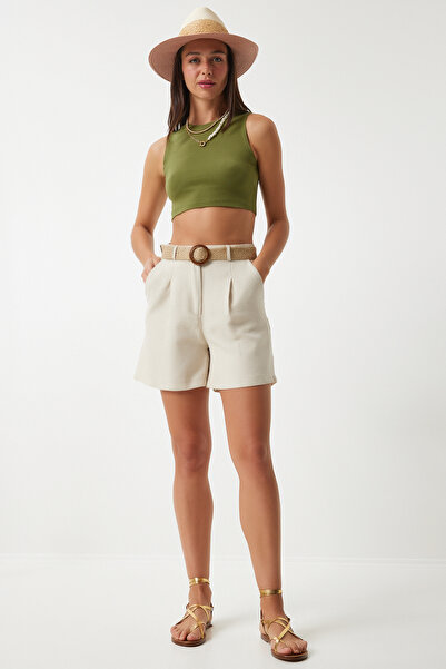 Lovelyİstanbul Hasır Kemerli Keten Bermuda Şort Krem Lmx0005