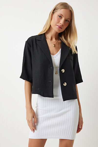 Lovelyİstanbul Jachetă de sezon cu guler șal negru Ayrobin din in - Ldd0014