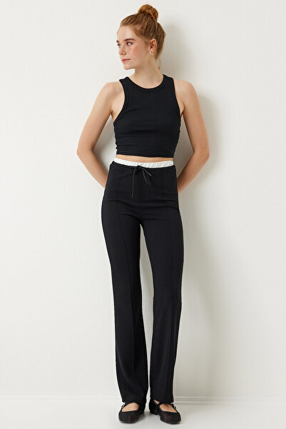 Lovelyİstanbul Μαύρο πλεκτό παντελόνι - Contrast Double Waist, Lrv0007
