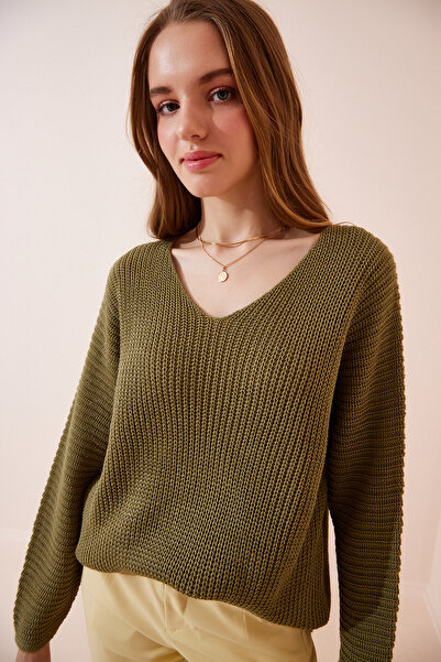 Lovelyİstanbul V Yaka Selanik Örgü Oversize Triko Kazak Koyu Çağla Yeşili Lza...