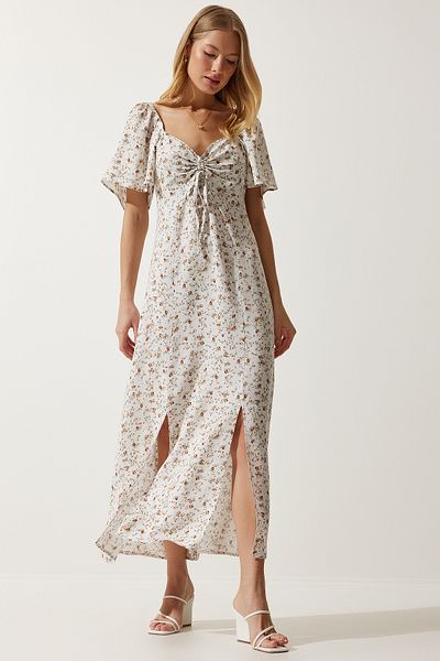 Lovelyİstanbul Slit Detailed Flounce Viscose Dress Ecru Lub0023