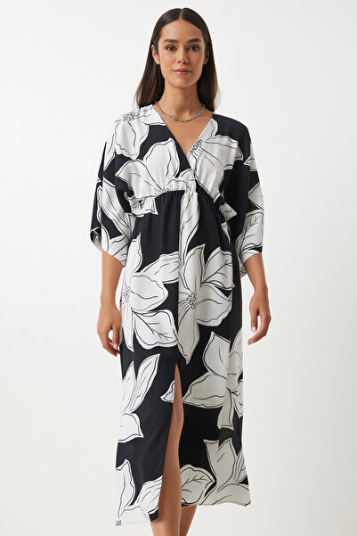 Lovelyİstanbul Καλοκαιρινό φόρεμα βισκόζης με τυλιγμένο γιακά ασπρόμαυρο Ldk0003