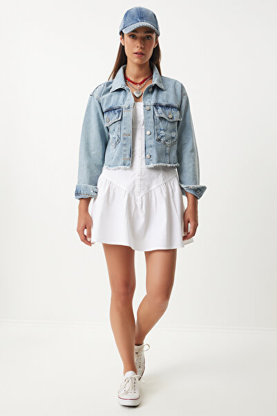 Lovelyİstanbul Tassel Detailed Crop Denim Jacket Light Blue Lrv0008