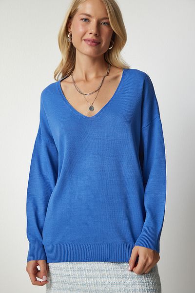 Lovelyİstanbul Tricotaj subțire cu decolteu în V Pulover Sky Blue Lpn0003