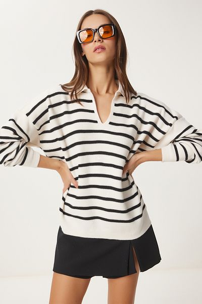 Lovelyİstanbul Black and White Polo Collar Knitwear Sweater - Lus0005
