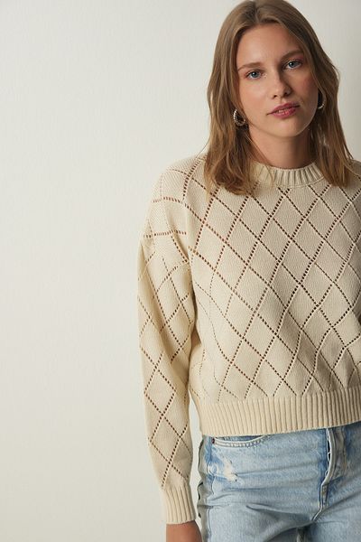 Lovelyİstanbul Openwork Patterned Diamond Knitwear Sweater - Cream Lnf0002