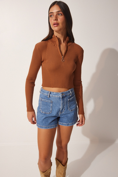 Lovelyİstanbul Pulover de tricotaj cu fermoar cu gât - TARÇIN LUB0033