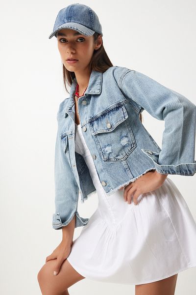 Lovelyİstanbul Jachetă Crop Denim Detaliată cu ciucuri ALBASTRU DESCHIS LRV0008