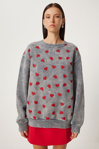 Lovelyİstanbul Heart Printed Washed Knitted Sweatshirt - Anthracite Lnj0009