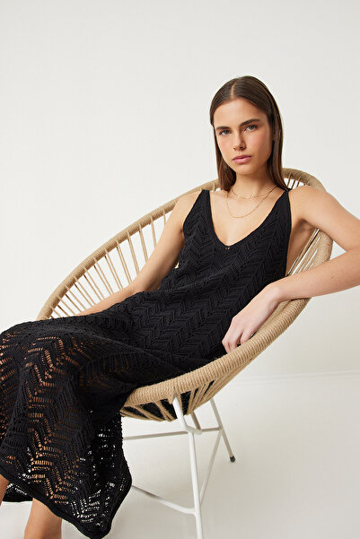 Lovelyİstanbul Μαύρο Καλοκαιρινό Πλεκτό Φόρεμα - Διάτρητο Lnf0001