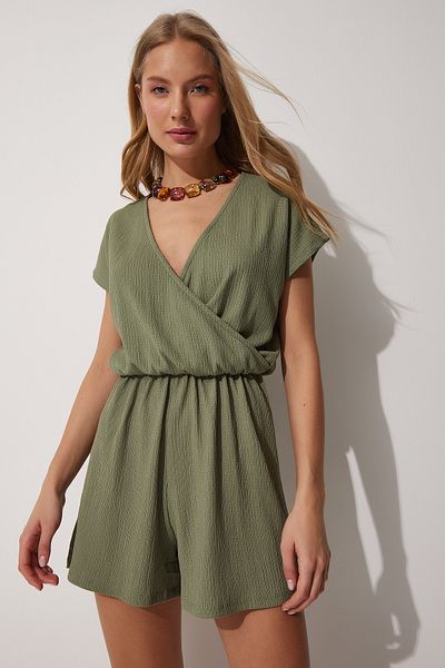 Lovelyİstanbul Khaki Color Wrap Collar Short Knitted Shorts Jumpsuit - Lub0026
