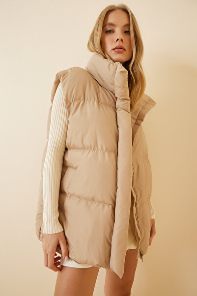 Lovelyİstanbul Oversize Turtleneck Puffer Vest - 11039 Biscuit Lrv0027