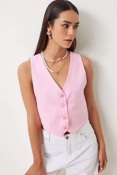 Lovelyİstanbul Pink V-Neck Linen Vest - Lkt0003