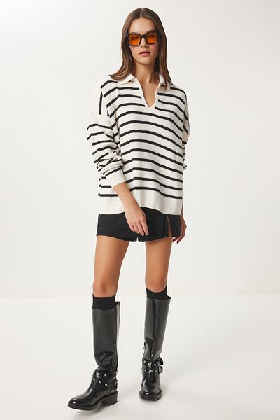 Lovelyİstanbul Black and White Polo Collar Knitwear Sweater - Lus0005