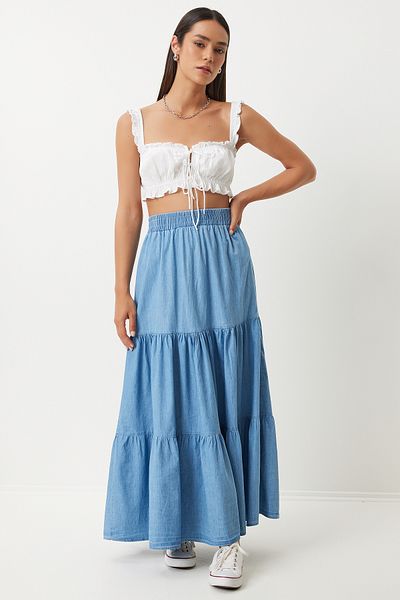 Lovelyİstanbul Fusta albastră lungă din denim cu volan - Ldd0030