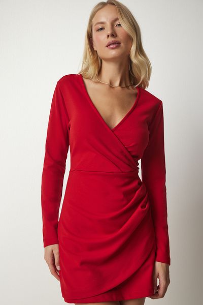 Lovelyİstanbul Wrap Collar Body Hugging Stylish Woven Dress Red Lub0014