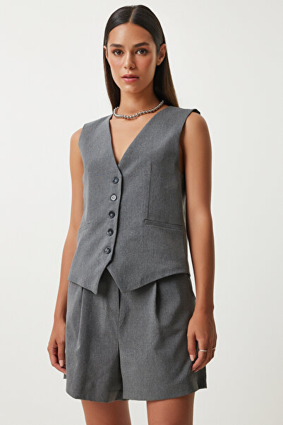 Lovelyİstanbul Σετ γιλέκο και σορτς με λαιμόκοψη σε ανθρακί - Lto0018