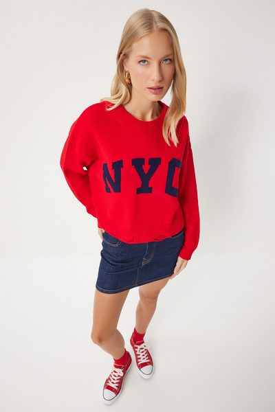 Lovelyİstanbul Червоний трикотажний светр - розірвані деталі, LDP0012