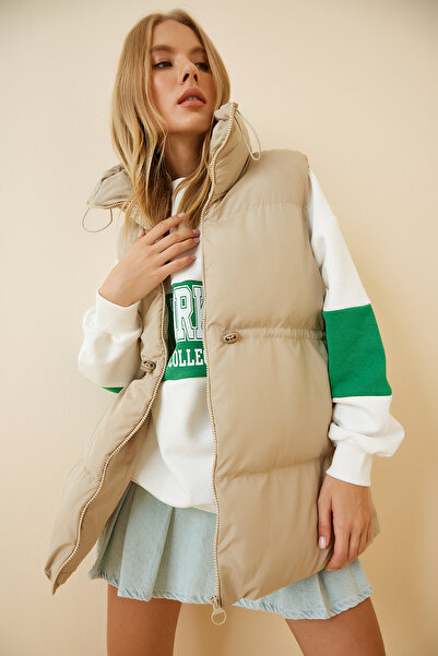 Lovelyİstanbul Oversize πουπουλένιο γιλέκο - ζιβάγκο, κορδόνι, ανοιχτό μπεζ LRV0045