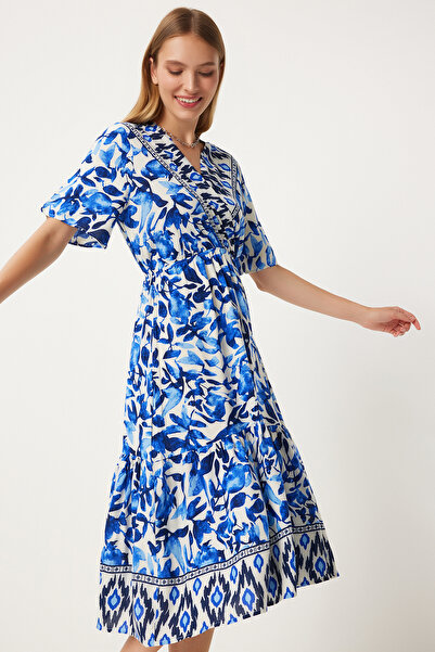 Lovelyİstanbul V-Neck Elastic Waist Summer Viscose Dress Blue Ecru Lci0004