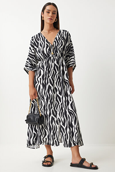 Lovelyİstanbul Καλοκαιρινό μακρύ φόρεμα βισκόζης με βαθύ V λαιμόκοψη ΜΑΥΡΟ ΛΕΥΚΟ LCI0002