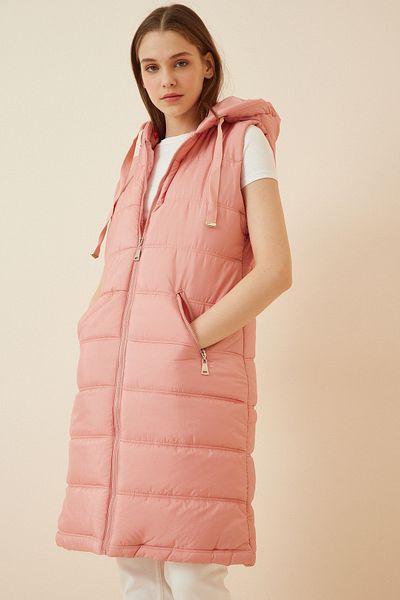 Lovelyİstanbul Pink Long Puffer Hooded Vest - Ldd0036