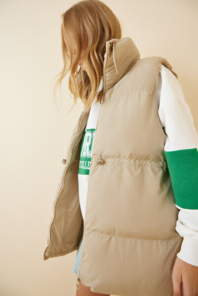 Lovelyİstanbul Oversize πουπουλένιο γιλέκο - ζιβάγκο, κορδόνι, ανοιχτό μπεζ LRV0045