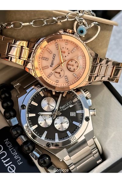 Ferrucci Silver/Rose Colored Steel Cord Lover's Watch and Wrist Gift
