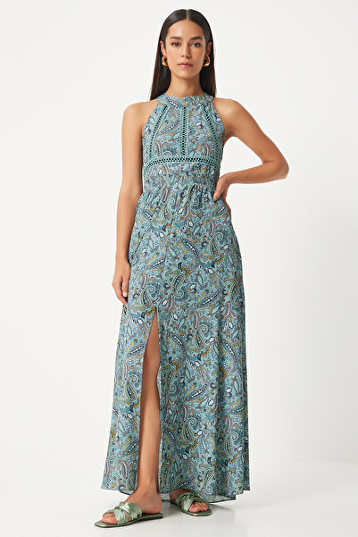 Lovelyİstanbul Rochie cu fantă cu imprimeu verde Çağla - LOH0007