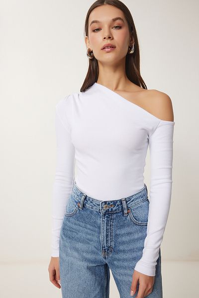 Lovelyİstanbul Knitted Blouse - Asymmetrical Neckline and Drawstring Detail, White Lus0077