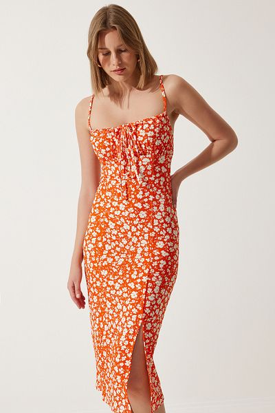 Lovelyİstanbul Rochie tricotată de vară cu fantă cu imprimeu floral ORANJ LCI0003