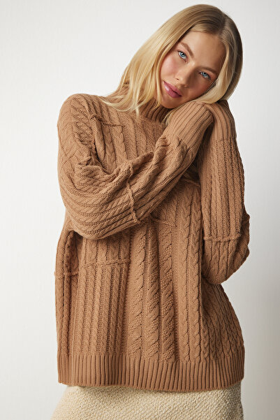 Lovelyİstanbul Örgü Motifli Dik Yaka Triko Kazak BİSKÜVİ LMX0034