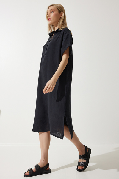 Lovelyİstanbul Μαύρο Polo Neck Muslin Φαρδύ καλοκαιρινό φόρεμα - Lto0028