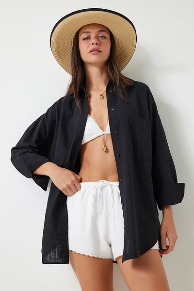Lovelyİstanbul Cămașă oversize din in negru - Lhf0005