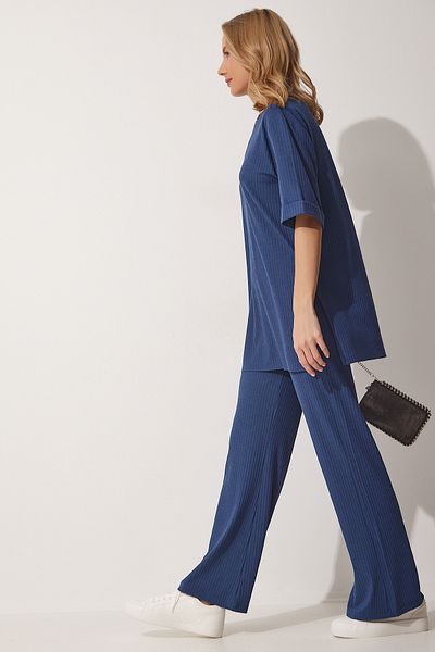 Lovelyİstanbul Indigo Blue Corded Knitted Set - Flexible Lower and Upper Set Lkh0003