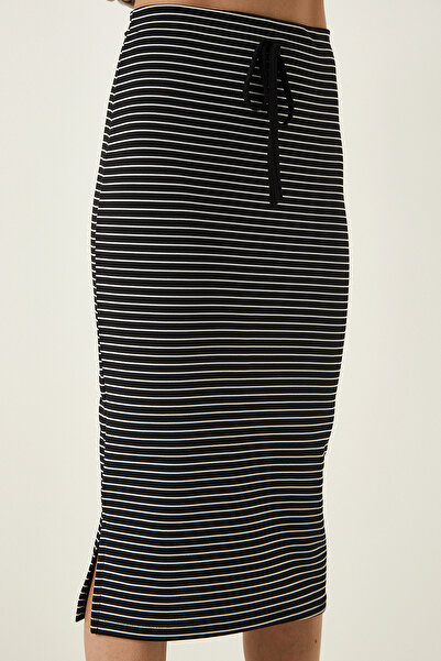 Lovelyİstanbul Πλεκτή φούστα με ριγέ σχισμή τυλιγμένη μαύρη Lff0012