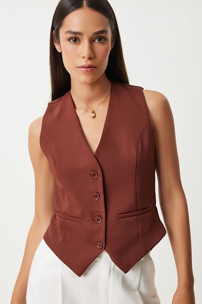 Lovelyİstanbul Brown Crop Woven Vest - Fitting on the Body, Lto0003