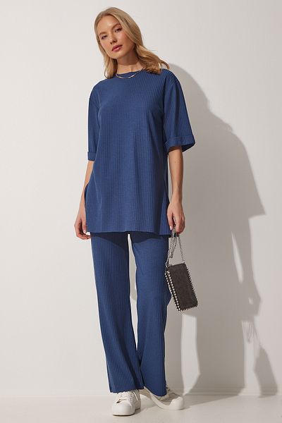 Lovelyİstanbul Indigo Blue Corded Knitted Set - Flexible Lower and Upper Set Lkh0003