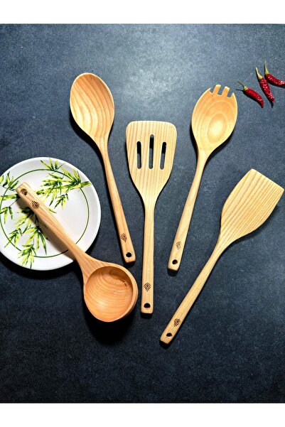 Handcraft 5 Piece Handmade Oiled Antique Plane Tree Wooden Spoon & Spatula Wooden Kitchen Set
