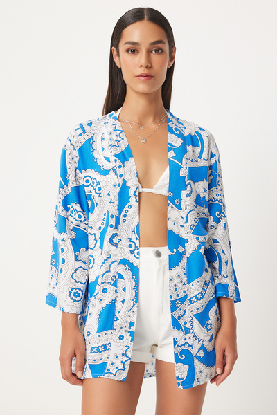 Lovelyİstanbul Κιμονό βισκόζης με μπλε και άσπρο σχέδιο - Len0004