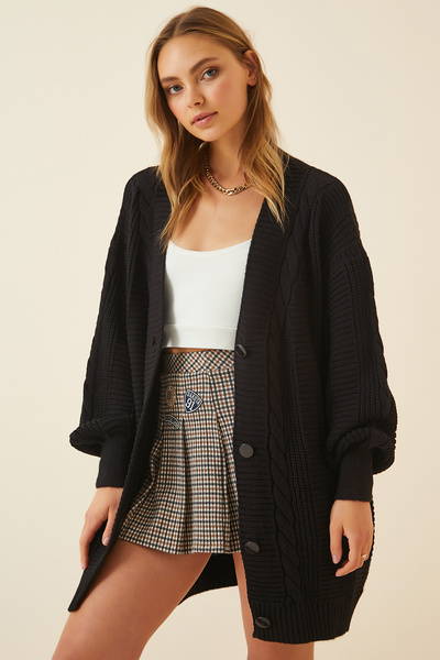 Lovelyİstanbul Μπαλόνι μανίκι Oversize Πλεκτό Ζακέτα Μαύρη Ldd0048