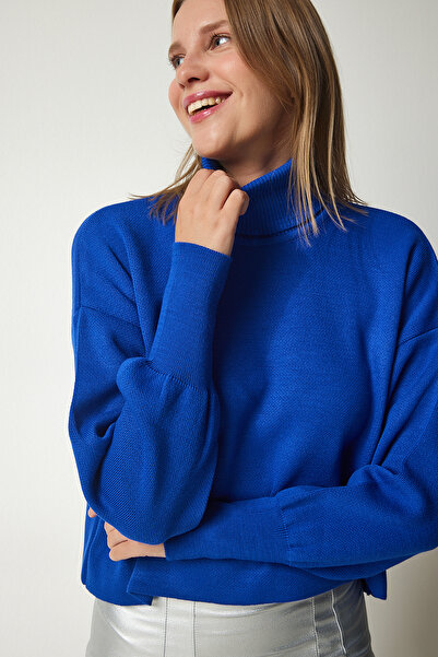 Lovelyİstanbul Balıkçı Yaka Rahat Triko Kazak Mavi Lkg0002