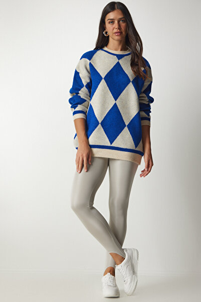 Lovelyİstanbul Pulover de tricotaj supradimensionat albastru - cu model diama...